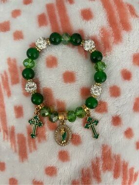 Green Beaded Religious Charm Bracelet with Cross and Medallion